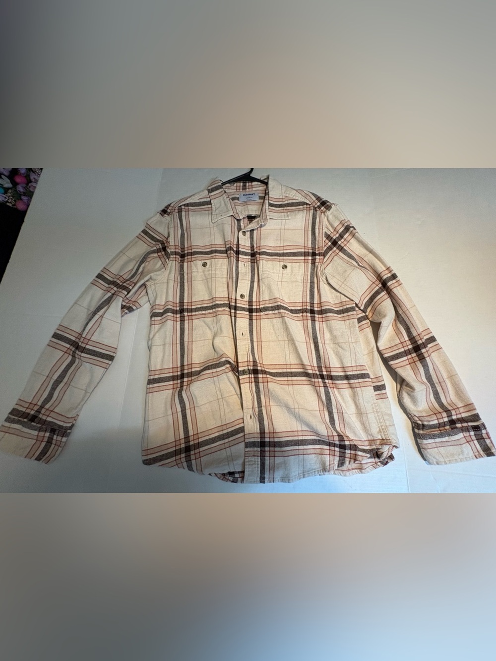 Old Navy Men's Cream Plaid Button-Down Shirt with Brown and Rust Stripes